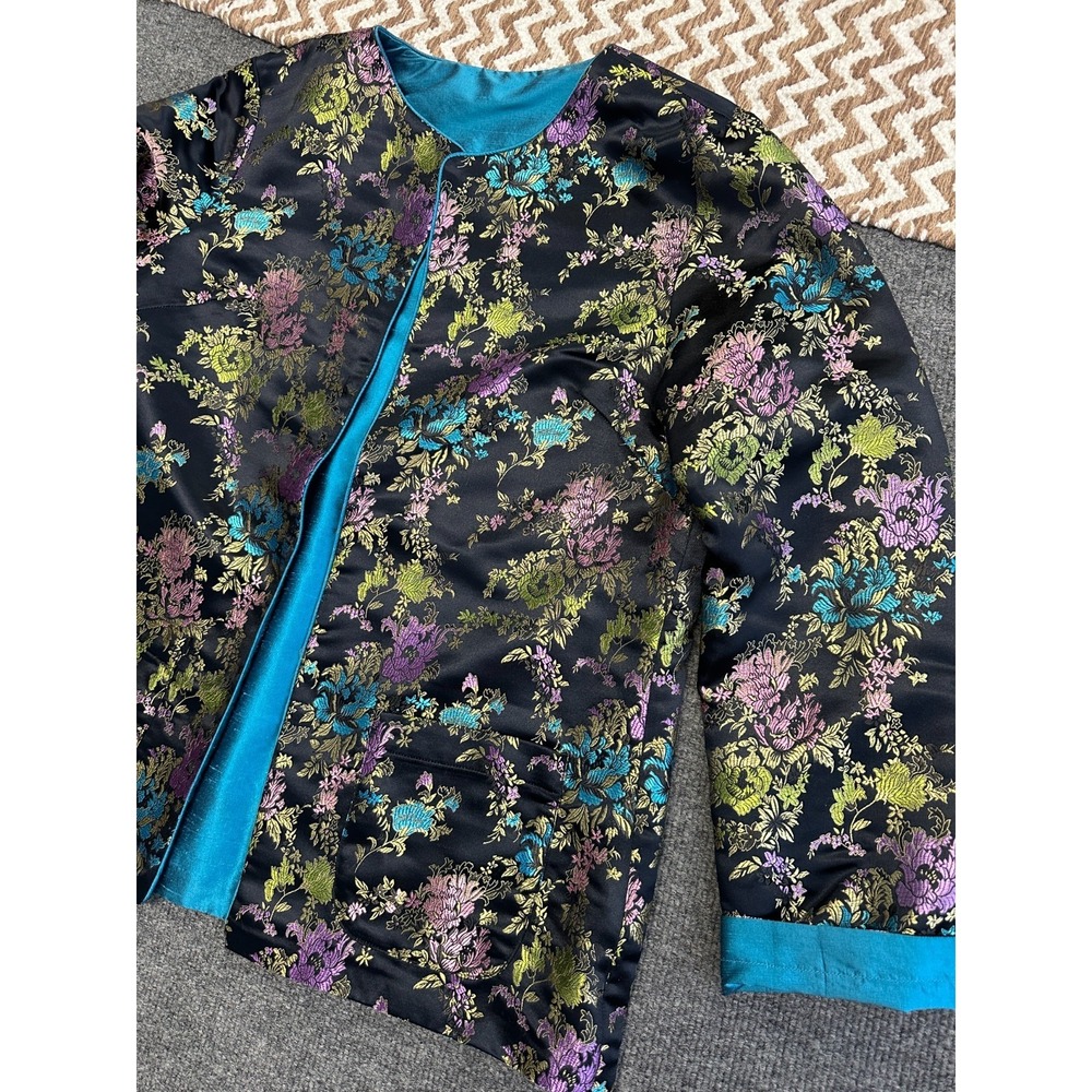 Vintage Silk Brocade Kimono Reversible Jacket Womens Size M/L Floral Chinoiserie